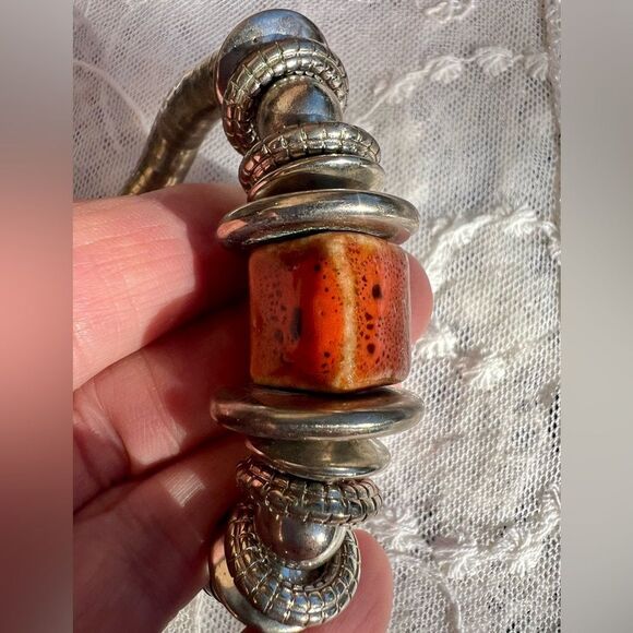 Coil Wrapped Silver Bracelet with Bold Orange Ceramic Pottery Bead Accent - Picture 3 of 9